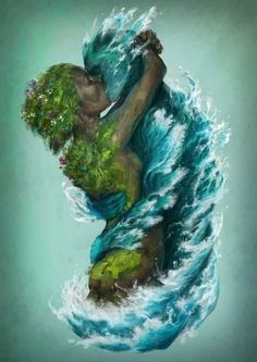 an artistic painting of a person in the water with trees on their shoulders and arms wrapped around each other