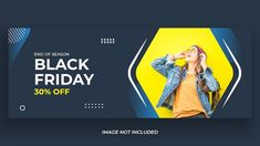 a black friday sale banner with a woman in an orange shirt and denim jacket looking up