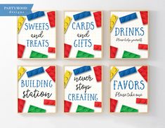 four cards with lego blocks and words that say, sweets and treats never stop creating