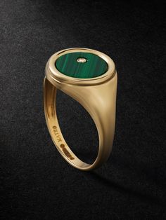 Mateo’s signet ring will make a beautiful heirloom that can be passed on through generations. Handcrafted in New York City from polished gold, it’s inlaid with striking malachite and set with an off-centre diamond. Timeless Green Signet Ring With Polished Finish, Timeless Yellow Gold Signet Ring With Emerald, Timeless Yellow Gold Emerald Signet Ring, Luxury Yellow Gold Emerald Ring With Polished Finish, Luxury Green Signet Ring With Polished Finish, Elegant Green Signet Ring With Polished Finish, Luxury Green 14k Gold Signet Ring, Luxury Rings With Rotating Bezel For Formal Occasions, Emerald Signet Ring With Polished Finish