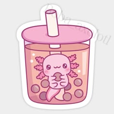 a sticker with an image of a cartoon character in a pink container on it