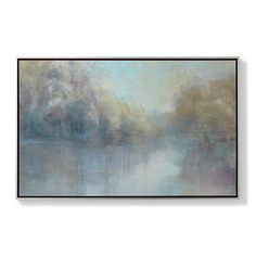 an abstract painting with trees and water in the background