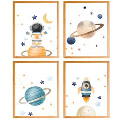 four space themed wall hangings with planets and stars