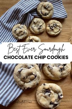 chocolate chip cookies on a wooden table with a blue and white striped napkin next to them