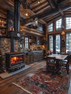 an old fashioned log cabin with wood burning stove and dining room table in the foreground