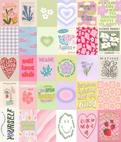 a collage of different greeting cards with hearts, flowers, and words on them