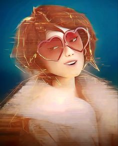 a digital painting of a woman with heart shaped glasses on her face and red hair