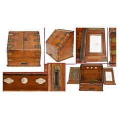 an assortment of wooden boxes and drawers with pictures on the front, side, and top