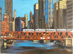 a painting of a train crossing a bridge over a body of water in front of tall buildings