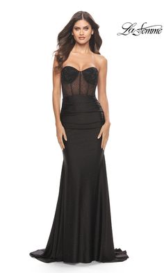 Black long strapless sweetheart La Femme dress with sheer embellished bodice Long Black Dress Formal, Trumpet Silhouette, Sheer Corset, Strapless Evening Gowns, Strapless Sweetheart Neckline, Trumpet Gown, Black Dress Formal, Hour Glass, Corset Bodice