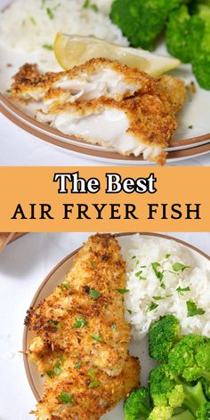 Air fryer fish on a plate with rice and broccoli. Breaded Fish Recipes Air Fryer, Air Fried Keto Recipes, Air Fry Breaded Fish, Fish In Air Fryer No Breading, Fry Fish In Air Fryer, Air Fryer Fresh Fish Recipes, Fish Recipes In Air Fryer, Fish In Airfryer, Perch In Air Fryer