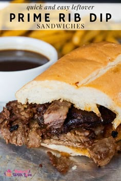 a close up of a sandwich on a plate with fries in the background and text overlay reading quick and easy leftover prime rib dip sandwiches