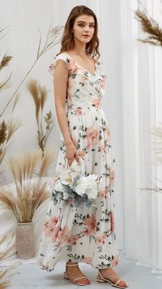 Floor-length Floral Print Chiffon Wedding Dress, Floor-length Floral Chiffon Wedding Dress, Formal Georgette Maxi Dress With Floral Print, Elegant Floral Chiffon Dress For Bridesmaids, Elegant Bridesmaid Chiffon Dress With Floral Print, Elegant Chiffon Bridesmaid Dress With Floral Print, Elegant Floral Chiffon Bridesmaid Dress, Feminine Chiffon Dress With Floral Print For Wedding, Feminine Floral Print Chiffon Dress For Wedding