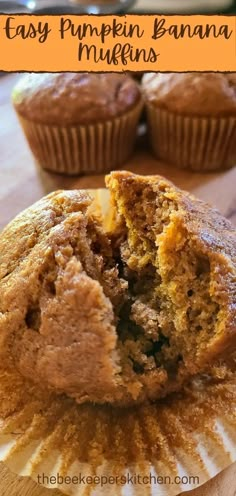 an easy pumpkin banana muffin is cut in half