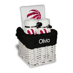 Personalized Toronto Raptors Small Basket - 4 Items - Designs by Chad & Jake Small Gift Basket, Personalized Burp Cloth, Willow Basket, White Willow, Ottawa Senators, Indiana Hoosiers, Small Basket, Baby Gift Basket, Burp Cloth Set