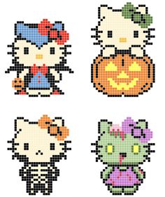 four different pixellated images of hello kitty and hello kitty pumpkins, each with an orange