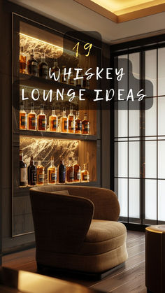 the whiskey lounge chair is in front of an open window with bottles on display behind it