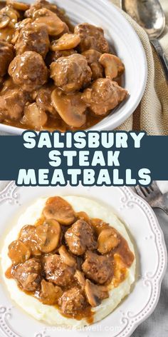 meatballs and mashed potatoes are served in a white bowl