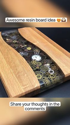 two wooden boards with different types of clocks on them and the words, awesome resin board idea share your thought in the commonss