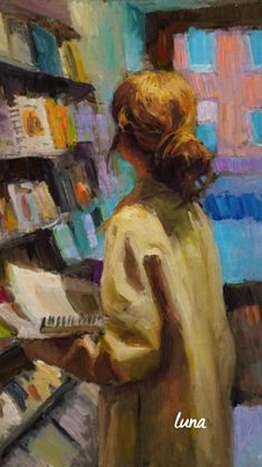 a painting of a woman in a library reading a book and looking at the shelves