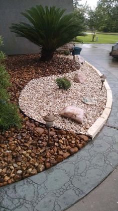 a garden with rocks and plants around it