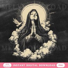 an image of the virgin mary with clouds around her and text that reads instant digital download