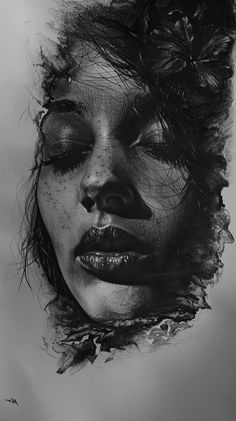 a black and white drawing of a woman's face