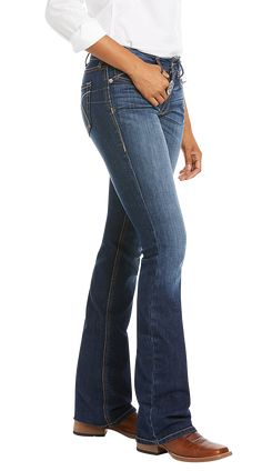 The Ariat R.E.A.L Perfect Rise Bootcut Rosa Jeans for Ladies are perfect for riding, ranch work, or just looking great. These Ariat riding jeans are made of stretch denim to fit your body perfectly, and they hold that perfect fit without sagging in the seat or gapping in the waist. They feature a dark wash, hand sanding and fashion whipstitching on the back pockets for added flair. Cooling fabric keeps you cool when the mercury rises. Zip-and-button fly. The Ariat R.E.A.L Perfect Rise Bootcut Ro Jeans For Ladies, Ariat Jeans, Riding Jeans, Looks Country, Casual Chique, All Jeans, Outfit Jeans, Womens Jeans, Country Outfits