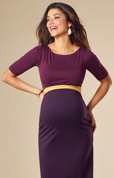 You’ll adore the combination of opulent colours – pretty plum and deep purple with a golden sash for an added pop of colour at the waist. Anna has a flawless fit with a smart pencil skirt sitting just under the knee, ¾ sleeves and subtle boat neck with gentle gathering under the bust. Our chic shift dress is a super addition to your maternity wardrobe, be it dinner, cappuccinos or a special occasion invite, this dress can be worn in many ways to see you through every date in comfort and style. - Fitted Belted Purple Dress, Maternity Wardrobe Essentials, Nursing Outfits, Maternity Wedding Dresses, Chic Shift Dresses, Maternity Clothes Fashionable, Maternity Wedding, Tiffany Rose, Pregnancy Fashion