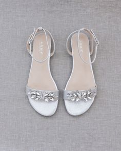 Silver Metallic Flat Sandal with BUTTERFLY BROOCH and Ankle Strap Brides Maid Shoes, Silver Flat Sandals, Flat Sandals Wedding, Kids Heels, Sparkly Flats, Silver Wedding Shoes, Bling Sandals, Twilight Edward, Metallic Flats