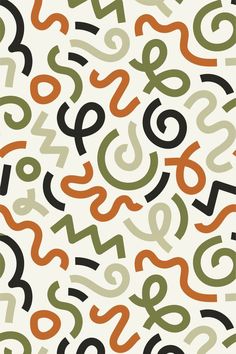 an abstract pattern with black, orange and green letters