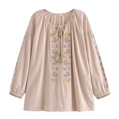 wickedafstore 0 Khaki / S Boho Blossom Embroidered Blouse Bohemian Peasant Top With Back Tassel Tie-up For Spring, Spring Peasant Style Embroidered Top With Embroidered Hem, Spring Long Sleeve Peasant Top With Embroidered Hem, Summer Bohemian Peasant Top With Tie Neck, Folk Style Floral Embroidered Peasant Top For Spring, Spring Peasant Blouse With Tassel Ties, Folk Style Tops With Tassels For Spring, Folk Style Peasant Top With Floral Embroidery For Spring, Casual Spring Peasant Top With Tassels