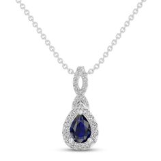 A gorgeous pear-shaped blue lab-created sapphire draws the eye to this beautiful necklace, perfect for celebrating a September birthday. Ribbons of white lab-created sapphires shimmer on the sterling silver pendant for all-over sparkle. The 18-inch cable chain secures with a lobster clasp. Elegant Pear-shaped Birthstone Drop Necklace, Teardrop Sapphire Necklace In Fine Jewelry Style, Sapphire Teardrop Pendant Necklace For Formal Occasions, Fine Jewelry Sapphire Teardrop Necklace, Sapphire Drop Necklace For Anniversary, Pear Shaped Sapphire Necklace As Gift, Teardrop Sapphire Necklace, Sapphire Pear-shaped Birthstone Jewelry, Diamond Teardrop Pendant Necklace With Sapphire