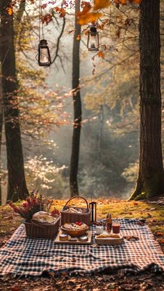 a picnic blanket with food on it in the woods next to trees and lanterns hanging from them