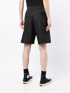 Black all-over logo print shorts from PORTS V featuring all-over logo print, elasticated drawstring waistband, two side slit pockets, knee-length and two rear welt pockets. | Ports V All-Over Logo Print Shorts Zebra Scarf, Twill Shorts, Print Shorts, Silk Twill, Drawstring Waistband, Welt Pockets, Cotton Poplin, Welt Pocket, Logo Print