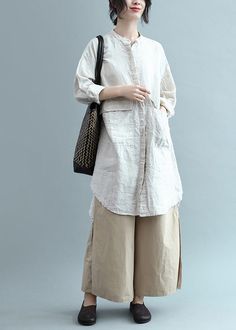 Bohemian Lapel Button Down Cotton Top Silhouette Organic Fashion Beige Plus Size Clothing Blouses Summer Cotton Tunic Blouse With Buttons, Spring Beige Shirt For Daywear, Spring Daywear Beige Shirt, Casual Tunic Blouse With Buttons, Button-up Tunic For Work, Casual Beige Blouse With Buttons, Button-up Tunic For Workwear, Beige Buttoned Blouse For Summer, Spring Beige Button-up Blouse