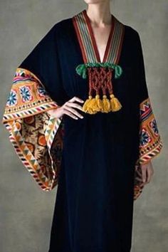 KAVAW - Ethnic Pattern Kaftan Maxi Dress Traditional Black V-neck Abaya, Black Bohemian Abaya For Beach, Bohemian V-neck Abaya For Vacation, Folk Style V-neck Kaftan For Festival, Black Kaftan For Eid, Traditional V-neck Black Abaya, Bohemian V-neck Abaya For Festivals, Bohemian Black Kaftan For Eid, Black Bohemian Kaftan For Eid