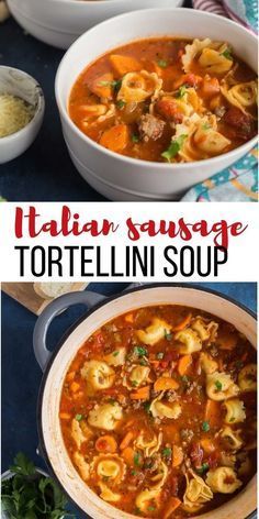 tortellini soup in a white bowl on a blue table with the title above it