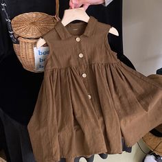 Mqtime 2023 New Solid Baby Girl Dress Cotton Button Kids Dresses Summer Princess Party Gowns Toddler Girls Sundress Clothes Cotton Button-up Solid Color Dresses, Spring Dress-up Brown Dress, Brown Spring Dress For Dress-up Occasions, Brown Dress For Spring Dress-up Occasion, Cute Brown Summer Dress, Summer Dress-up Dresses With Buttons, Cute Sleeveless Buttoned Dress, Brown Cotton Button-up Dress, Summer Doll Collar Dress With Buttons