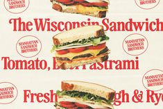 two sandwiches with tomatoes, lettuce and tomato on them are shown in this advertisement