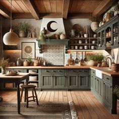 a kitchen filled with lots of green cabinets and wooden flooring next to a counter top