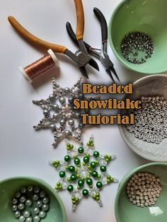 beaded snowflakes and beads in bowls with pliers on the table