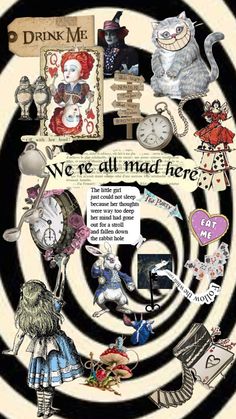 we're all mad here poster with alice and the wonderland tea party characters on it