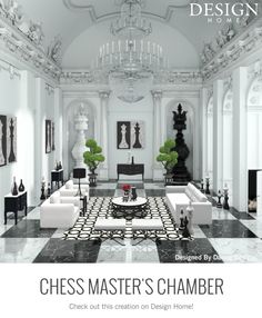 a large white room with black and white checkered flooring, chandelier, tables and chairs