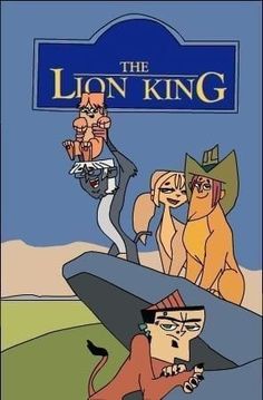 the lion king poster with three cartoon characters in front of a sign that says,