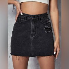 Never Worn! Black Denim, Lightly Frayed Hem And Distressing, Pockets In Front And Back. Cute Simple Outfits, Denim Mini, Denim Mini Skirt, Simple Outfits, Distressed Denim, Black Denim, New Color, Mini Skirt, Womens Skirt