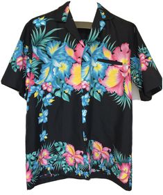 -Gently used Vintage Hawaiian shirt -Unsure of brand because tag is cut out -Feels like Polyester -Shows some light wear   -Has a wear mark close to the bottom button that is shown in the pictures   -Has a couple small snags close to the hem that are also shown -Size tag cut out but fits like a Large -Measurements with shirt laying flat   -Underarm to Underarm - 23"   -Shoulder to Shoulder - 18 1/2"   -Shoulder to Hem - 29 1/4" Vintage Hawaiian Shirts, Vintage Hawaiian, Hawaiian Shirts, Black Button, Hibiscus, Hawaiian Shirt, Pink Blue, Orchids, Blue Black