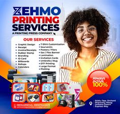 an advertisement for printing services with a woman pointing at the camera