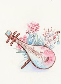 a drawing of a musical instrument with flowers on it