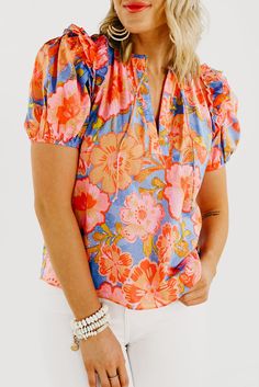 Multicolor Floral Bubble Sleeve V-neck Plus Size Blouse Orange Printed V-neck Top, Multicolor Floral Print V-neck Blouse, Multicolor Puff Sleeve Tops For Spring, Summer Multicolor Split Neck Tops, Chic Multicolor Top With Split Neck, Multicolor Split Neck Summer Top, Chic Multicolor Split Neck Tops, Multicolor Split Neck Top For Summer, Summer Floral Print Blouse With Split Neck